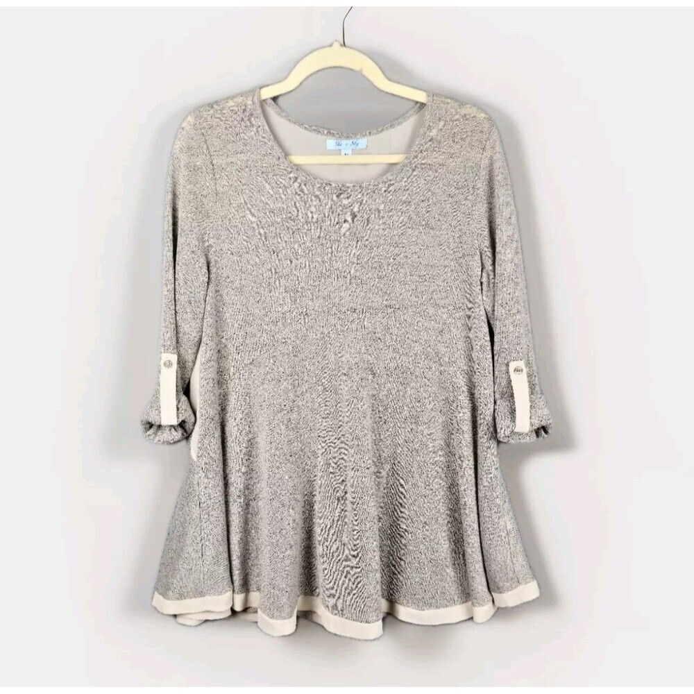 She + Sky Tunic Top Womens M Gray Beige Knit Semi Sheer Back Roll Tab Flowy